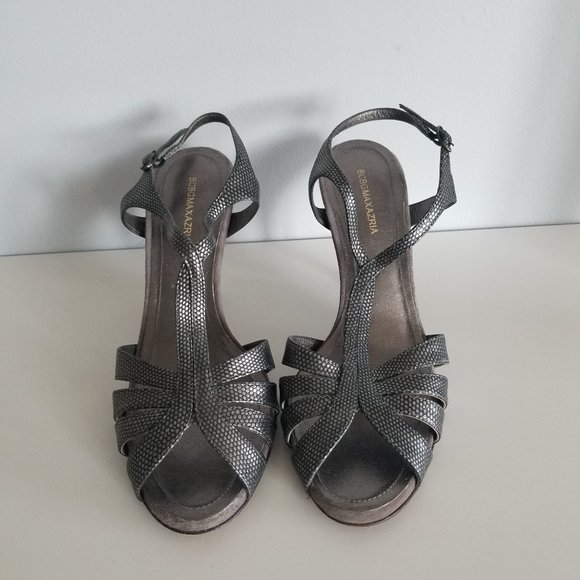 BCBGMaxAzria Silver Platinum Black Strappy Snake Print Sandals 7.5 - Picture 1 of 4